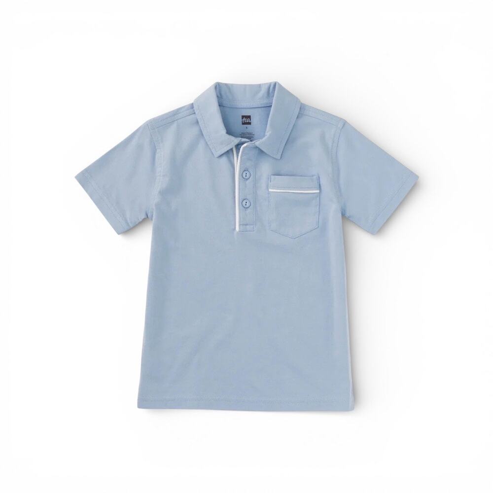 Tea Collection Boys Blue Cotton Short Sleeve Polo w/ White Piping. Size 5. NWT